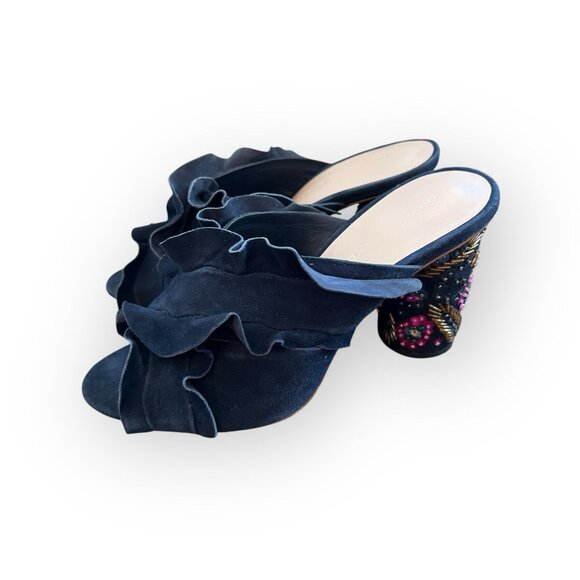 Loeffler Randall Kaya Embellished Ruffle Sandal Heels Blue Size 7.5